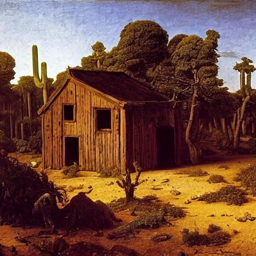 Prompt: An overgrown wood cabin in the middle of a desert, painting by Caspar David Friedrich, Caravaggio, highly detailed,