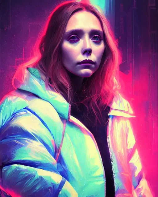 Image similar to detailed portrait of elizabeth olsen as a neon operator girl, cyberpunk futuristic, neon, reflective puffy coat, decorated with traditional japanese by ismail inceoglu dragan bibin hans thoma greg rutkowski alexandros pyromallis nekro rene margitte, illustrated, perfect face, fine details, realistic shaded, fine - face, pretty face