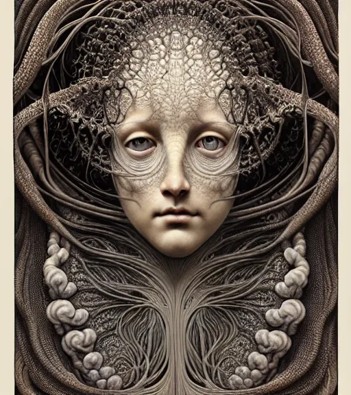 Image similar to detailed realistic beautiful fossil goddess face portrait by jean delville, gustave dore, iris van herpen and marco mazzoni, art forms of nature by ernst haeckel, art nouveau, symbolist, visionary, gothic, neo - gothic, pre - raphaelite, fractal lace, intricate alien botanicals, biodiversity, surreality, hyperdetailed ultrasharp octane render