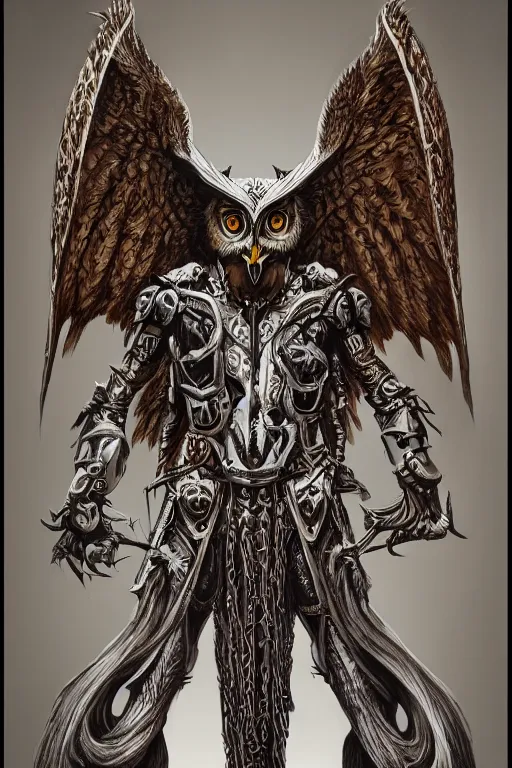 Prompt: full body concept art of owl wear baphomet armor made with porcelain by jeff easley and peter elson, beautiful eyes and face, symmetry face, galaxy, gothic, surreal, dread, highly detailed, intricate complexity, epic composition, magical atmosphere, masterpiece, award winning, trending on artstation