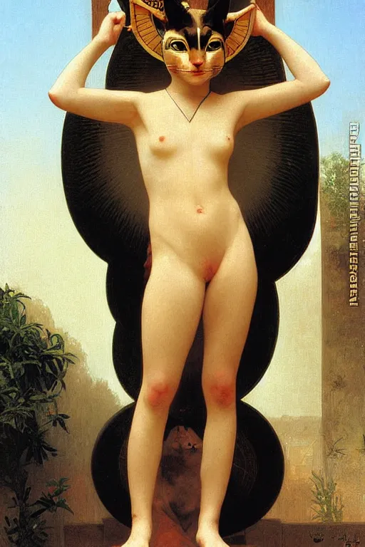 Image similar to bastet, egyptian cat goddess, painting by william adolphe bouguereau