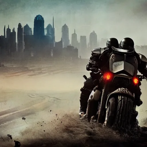 Prompt: four judges on big motorcycles from Judge Dredd riding across the Cursed Earth with a trail of dust behind them, and the ruins of Minneapolis ahead. Hyperrealistic, Blade Runner 2047, artstation, movie poster art