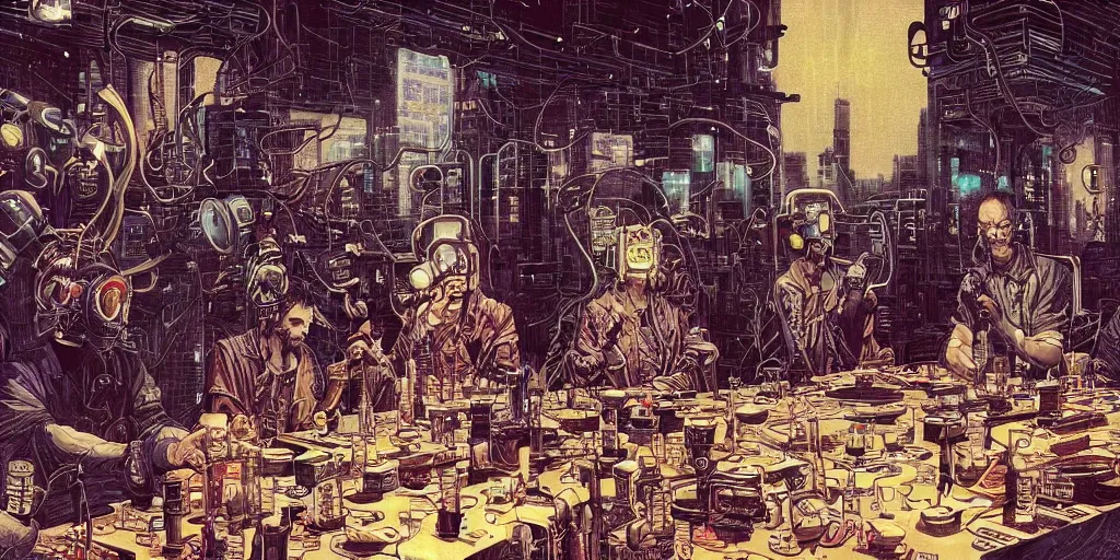 Prompt: the last supper, cyberpunk style, circuits, holy technology, mural art, by yoichi hatakenaka, masamune shirow, josan gonzales and dan mumford, ayami kojima, takato yamamoto, barclay shaw, karol bak, yukito kishiro