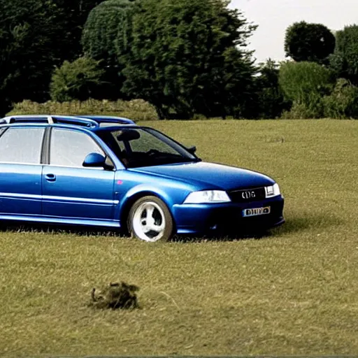 Prompt: denim blue audi a 4 b 6 avant ( 2 0 0 2 ) mowing down a crowd