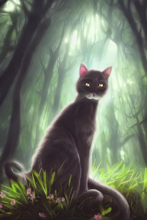 Prompt: cat in a forest, by kawacy, trending on artstation, backlighting, sunlight