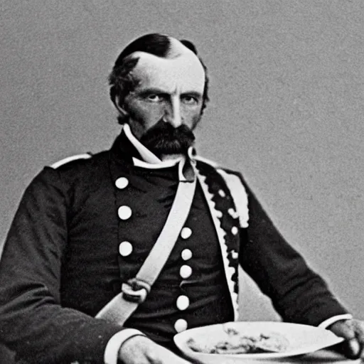 Prompt: A 1858 photo of General Pitzer a union general oddly shows him eating a burrito