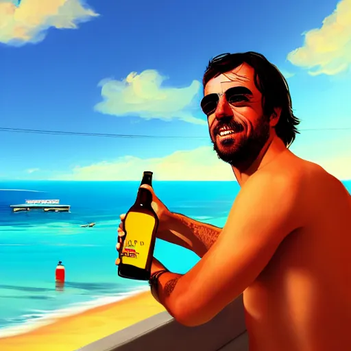 Image similar to Fernando Alonso on a tropical island, scenic view, holding a beer!!, digital art, gta 5 cover art, trending on artstation