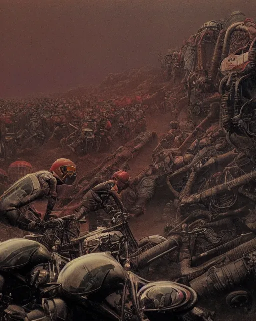 Image similar to motorbikers race in hell, retrofuturism sci - fi old movie, highly detailed, photorealistic, 8 k, by beksinski and stalenhag