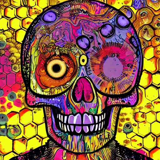 Image similar to dripping honey, portrait of skull, trippy, glitch, miyazaki style, exaggerated accents