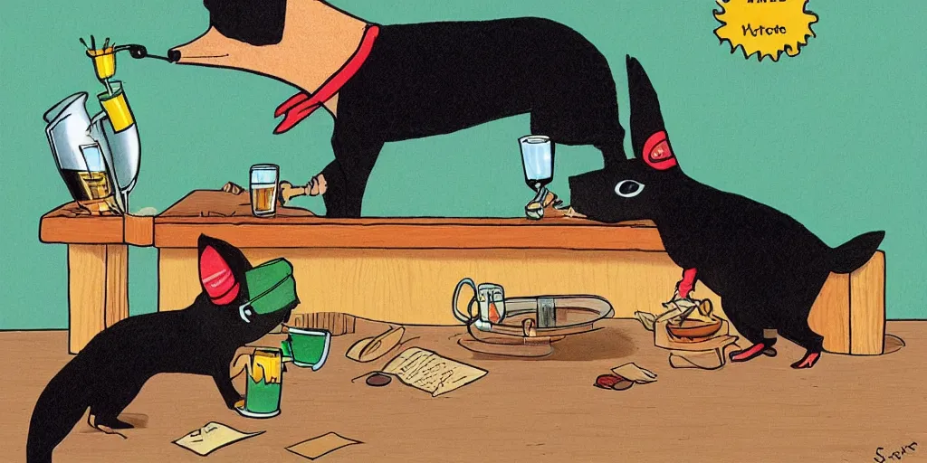 Image similar to a small black dog drinking beer by richard scarry