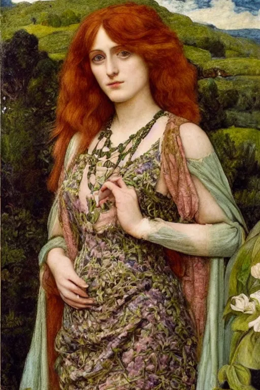 Prompt: a pre - raphaelite portrait of a woman in a mythical dress with floral decoration