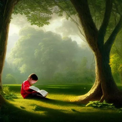 Prompt: a child reading a book under a beautiful tree. a tree growing in the middle of a Victorian library. a tree growing indoors inspired by Albert Bierstadt, ultra-realistic, 4K, featured on artstation