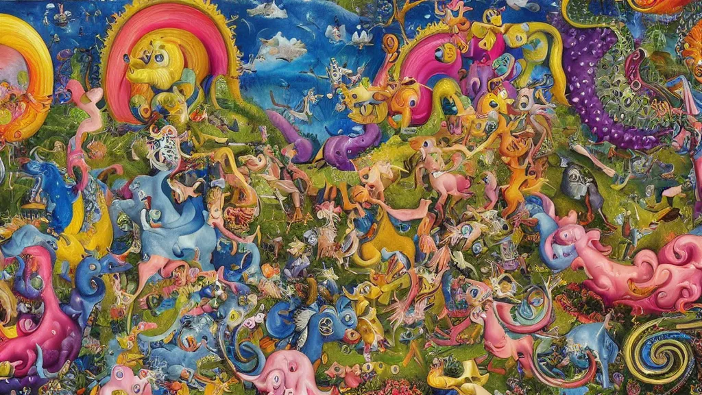 Prompt: an incredibly detailed masterpiece collaborative painting by bosch and lisa frank, ornate, detailed, high resolution, wow!, intricate