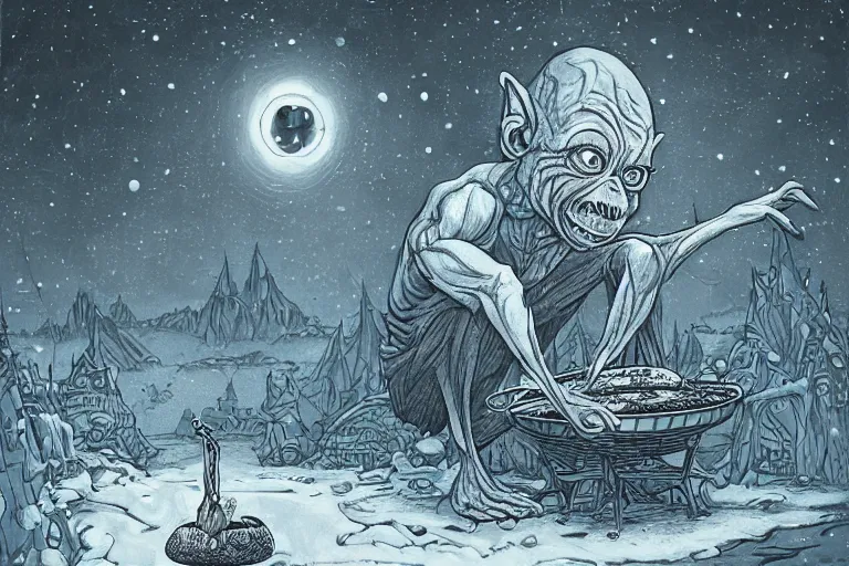 Prompt: a highly detailed gollum making pizza! in the winter, snow filled landscape, pizza oven burning in the background, black sky, post - apocalyptic vibe, full body, wide angle, an ultrafine detailed painting by joe fenton, trending on deviantart, pop surrealism, whimsical, lowbrow, perfect symmetrical face, sharp focus, octane, masterpiece