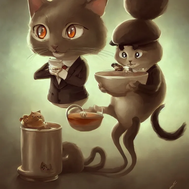 Image similar to cute little anthropomorphic cat barista wearing a black suit, tiny, small, miniature cat, baby animal, short, cute and adorable, pretty, beautiful, ghibli character art portrait, matte fantasy painting, deviantart artstation, by by jason felix by steve argyle by tyler jacobson by peter mohrbacher, cinematic lighting