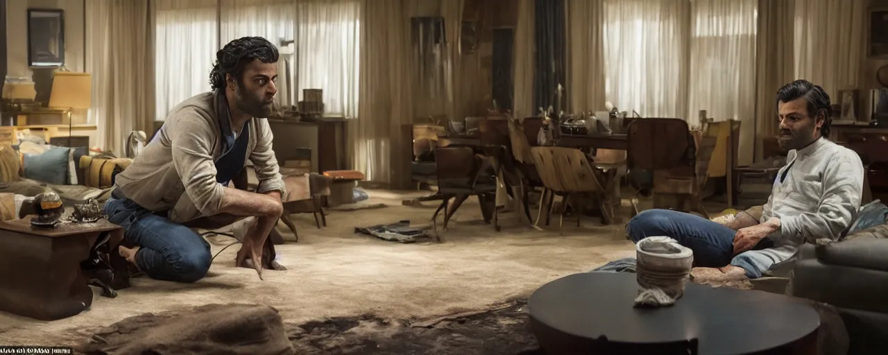 Prompt: 3 / 4 mid close up shot of oscar isaac interior of a 1 9 8 0 house living room at night directed by bradford young, rembrandt lighting, imax 2 0 mm anamorphic lens,