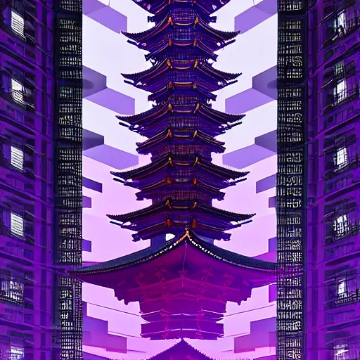 Image similar to Futuristic Pagoda Shrine in Tokyo megapolis in style of Tsutomu Nihei in purple and black tones. ArtStation, Cyberpunk, vertical symmetry, 8K, Highly Detailed, Intricate, Album Art.