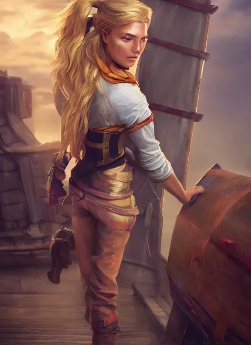 Image similar to An epic fantasy comic book style portrait painting of tall blonde haired female sky-pirate with a serious face and a pony tail in front of a metal gangplank, unreal 5, DAZ, hyperrealistic, octane render, cosplay, RPG portrait, dynamic lighting