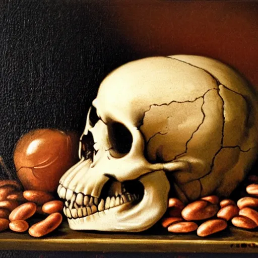 Image similar to Baroque still life painting of a skull overflowing with baked beans