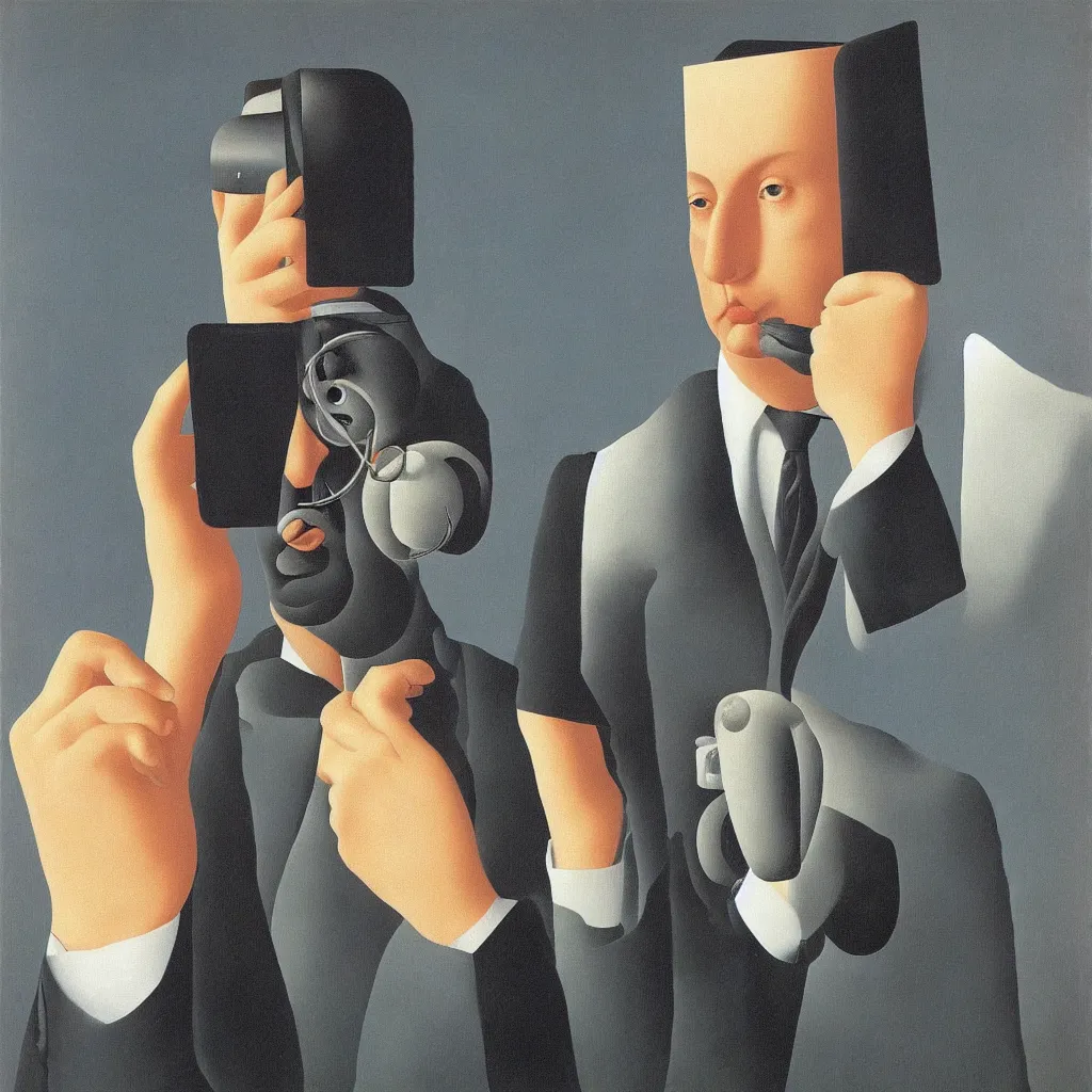 Image similar to i, a man wearing headphone and playing his phone, by rene magritte