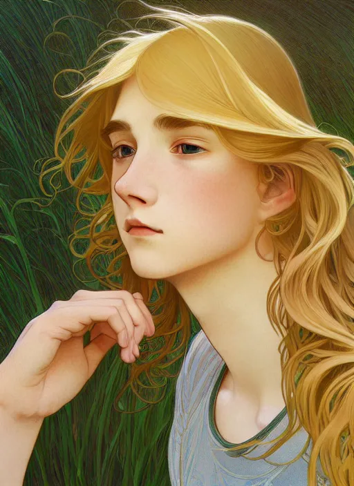 Image similar to pretty young man with shoulder length shiny shimmering golden blond hair, head down, demure, shy, path traced, highly detailed, high quality, digital painting, by studio ghibli and alphonse mucha, leesha hannigan, disney