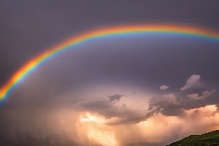 Image similar to a photo of a supercell thunderstorm, rainbow hue, illuminated from various angles by the setting sun, cinematic, mystic hue clouds, breathtaking clouds