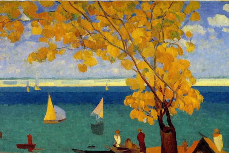 Image similar to A vivid landscape painting of the Chesapeake bay in the fall, bathed in golden light, peaceful, sailboats, birds in the distance, golden ratio, fauvisme, art du XIXe siècle, figurative oil on canvas by André Derain, Albert Marquet, Auguste Herbin, Louis Valtat, Musée d'Orsay catalogue