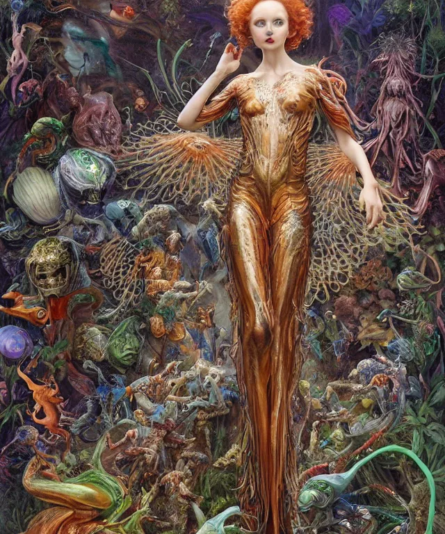 Prompt: a portrait photograph of lily cole as a strong alien harpy queen with amphibian skin. she is dressed in a colorful slimy organic membrane catsuit and transforming into an bird with an armored exoskeleton. by donato giancola, walton ford, ernst haeckel, peter mohrbacher, hr giger. 8 k, cgsociety, fashion editorial