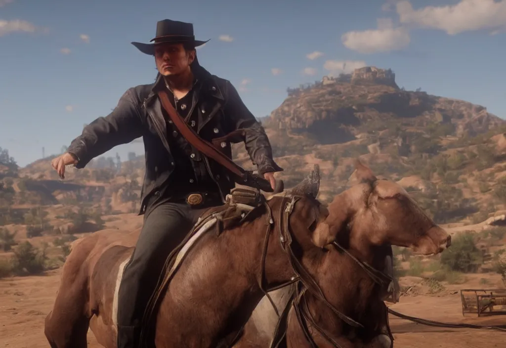 Image similar to elon musk in the red dead redemption 2, elon musk in the video game red dead redemption 2, gameplay screenshot, close up, 3 d rendering. unreal engine. amazing likeness. very detailed.