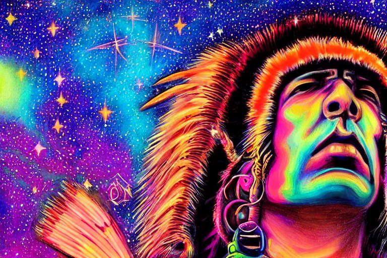 Image similar to digital art of a spiritual native american man looking up at the stars, acrylic art, universe, painting, pastel colors, synthwave, retro, cyberpunk,