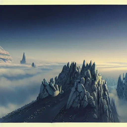 Image similar to Frozen frontiers on an alien planet, floating mountains above clouds in the background, vanishing perspective of a road, ravine, Syd Mead, John Harris, Federico Pelat,