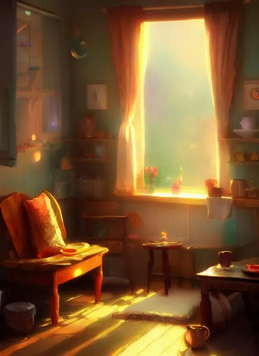 Image similar to beautiful interior of a cozy cottage, delphin enjolras, goro fujita, makoto shinkai, trending on artstation