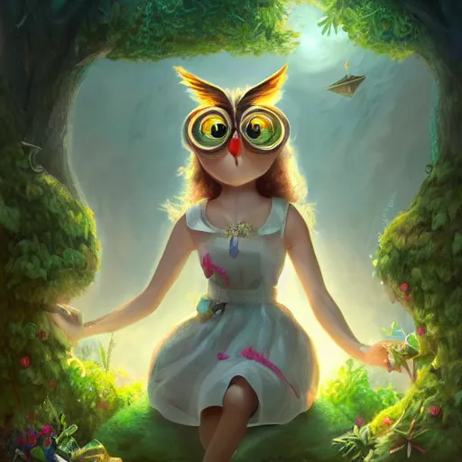 Image similar to an anthropomorphic Owl Girl wearing a sundress and a tiara, garden, summer, 8k resolution matte fantasy painting, cinematic lighting, DeviantArt, Artstation, Jason Felix Steve Argyle Tyler Jacobson Peter Mohrbacher