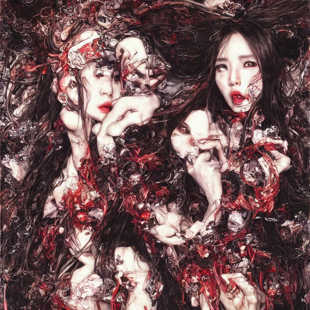 Prompt: portrait of angelababy eating a very big poly-poop by Ayami Kojima, Amano, rich deep colors