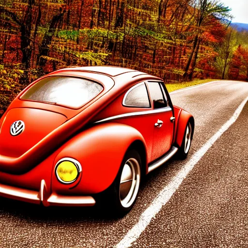 Prompt: promotional scifi - blockbuster movie scene of a ladybug ( volkswagen beatle ) hybrid, flying down a dusty backroad in smokey mountains tennessee. cinematic, muted dramtic color, 4 k, imax, 7 0 mm, hdr