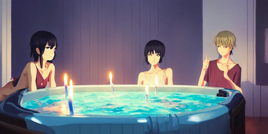 Image similar to a party at midnight, modern indoors, bay area, candles, hot tub, friendship, hope, art by makoto shinkai