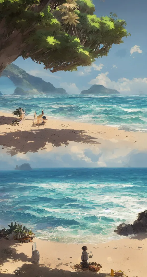 Image similar to A beautiful beachfront, lots of ocean, uncluttered, tropical, bright, simple, by Studio Ghibli and Greg Rutkowski, artstation