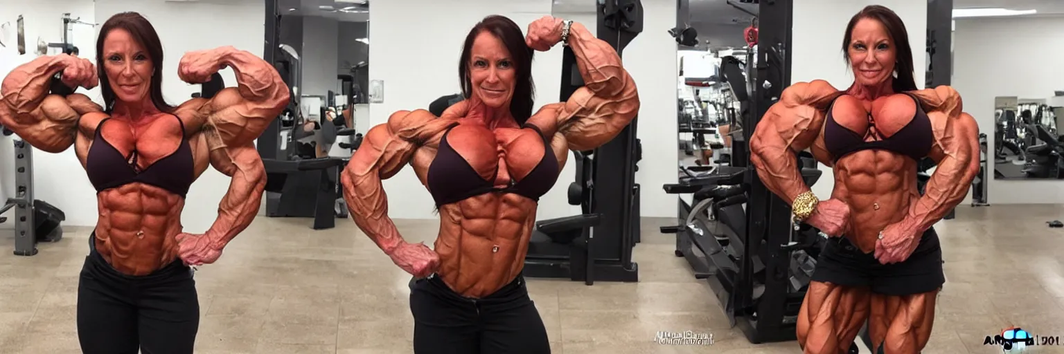 Prompt: photo of angela salvagno muscle woman flexing biceps, no nude, fbb