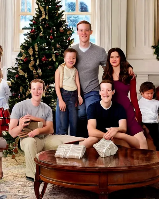 Image similar to postcard showing 'zuckerberg's christmas family pictures' laying on coffee table, zoomed out, HD, iphone capture