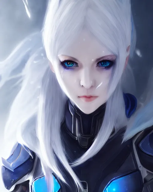 Image similar to perfect white haired girl, warframe armor, beautiful, dreamy, half asian, pretty face, blue eyes, detailed, scifi platform, laboratory, experiment, 4 k, ultra realistic, epic lighting, cinematic, high detail, masterpiece, akihito tsukushi