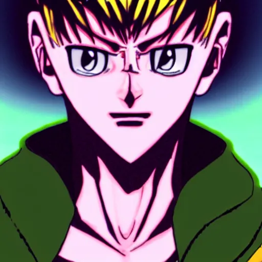 Image similar to A man with a green aura In the style of Togashi