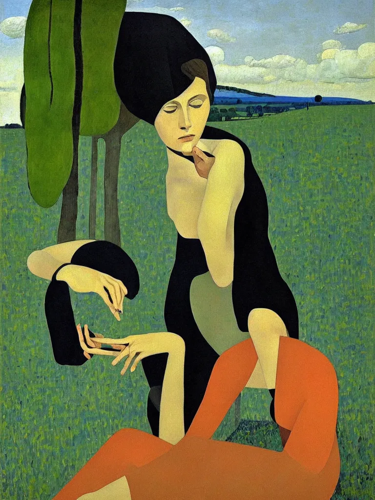 Image similar to a painted portrait of a women outdoors by felice casorati, aesthetically pleasing and harmonious colors, expressionism