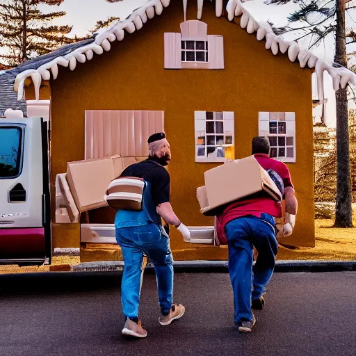 Image similar to cinematic photo of removalists moving furniture into a gingerbread house in the early morning