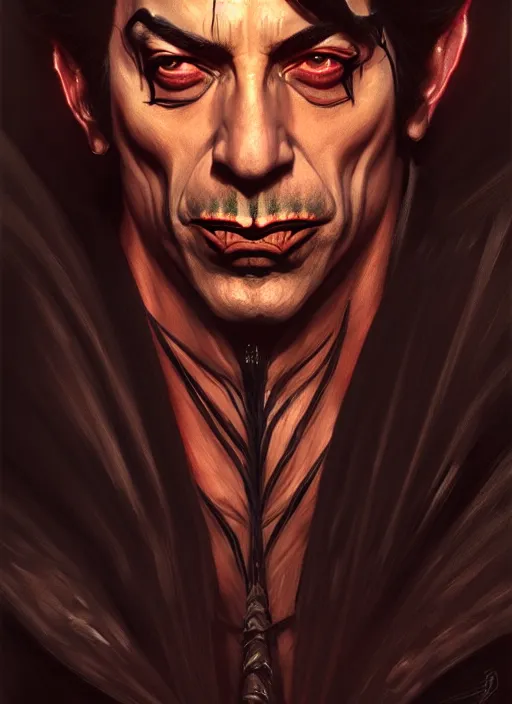 Prompt: Portrait of Javier Bardem as Dracula, D&D, muscular, fantasy, intricate, elegant, highly detailed, digital painting, artstation, concept art, smooth, sharp focus, illustration, art by artgerm and greg rutkowski and alphonse mucha