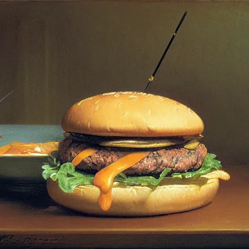 Prompt: Burger, painting by Ivan Shishkin, Ivan Aivazovski