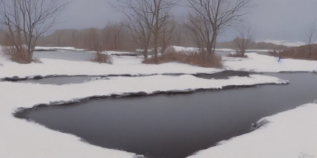 Prompt: little river, end of afternoon, winter, snow, countryside, peter sculthorpe, painting, artstation