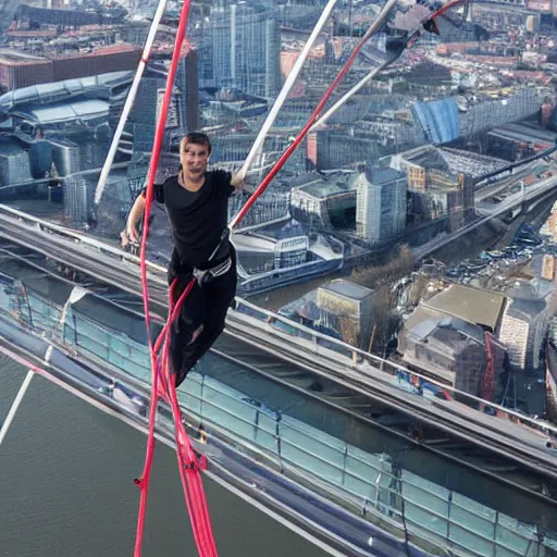 Prompt: tightrope walker above Erasmus bridge