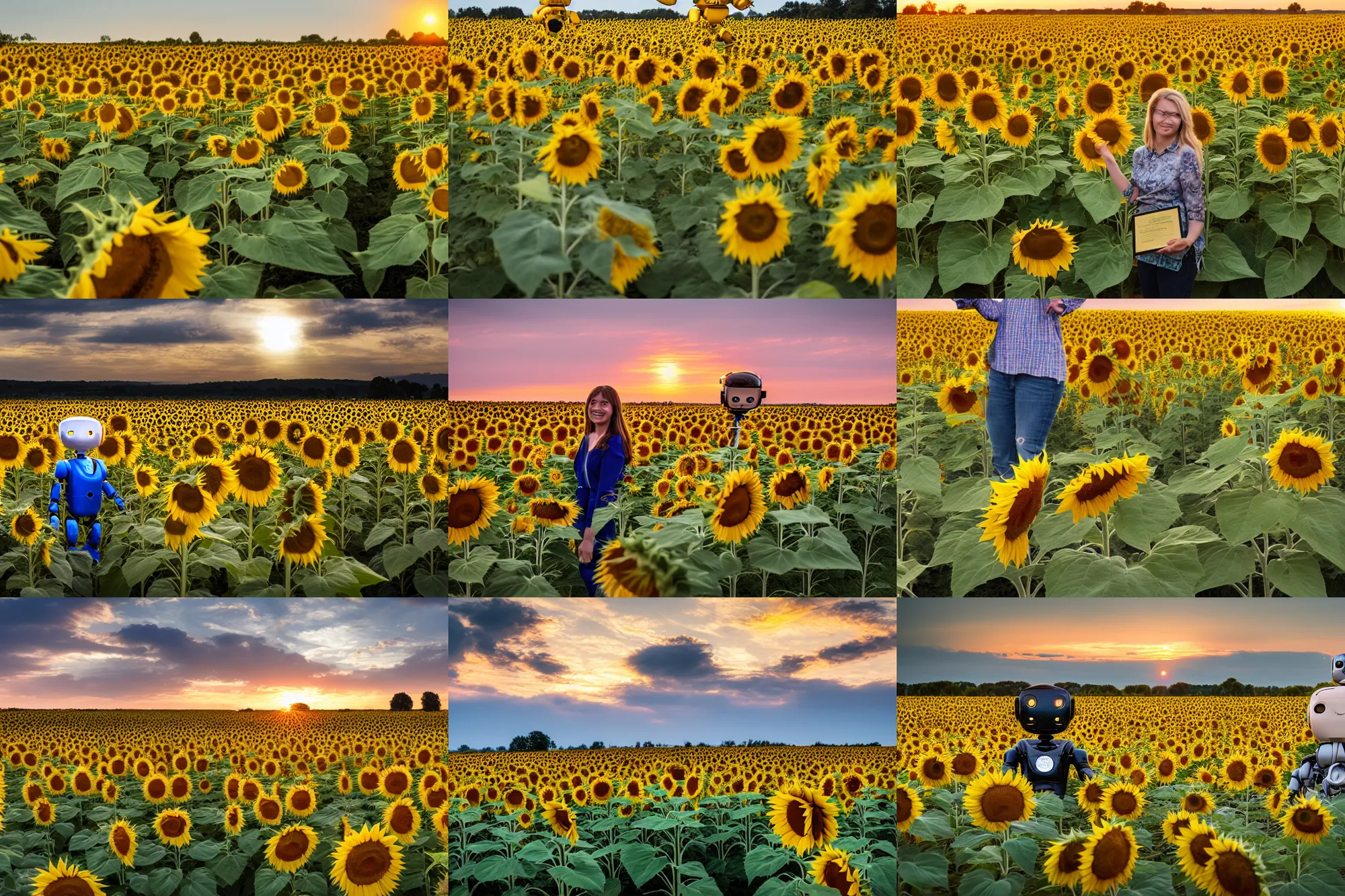 Prompt: a landscape photo of a field full of sunflowers being enjoyed by a humanoid robot, golden hour, lpoty, award winning,