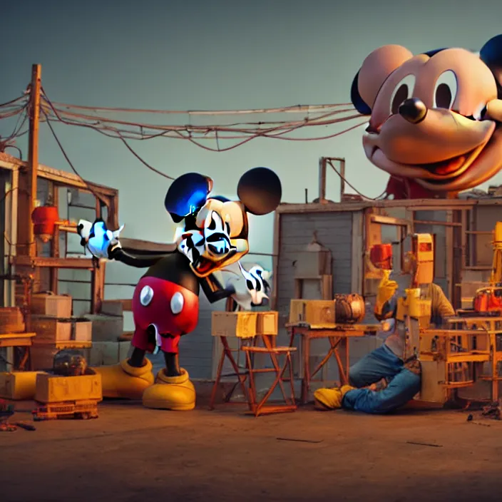 Image similar to crew of workers building giant mickey mouse - prop - head in quaint workshop, octane render, 4 k ultra hd, hyper - detailed, realistic, seedy lighting, sharp focus, in style of beeple