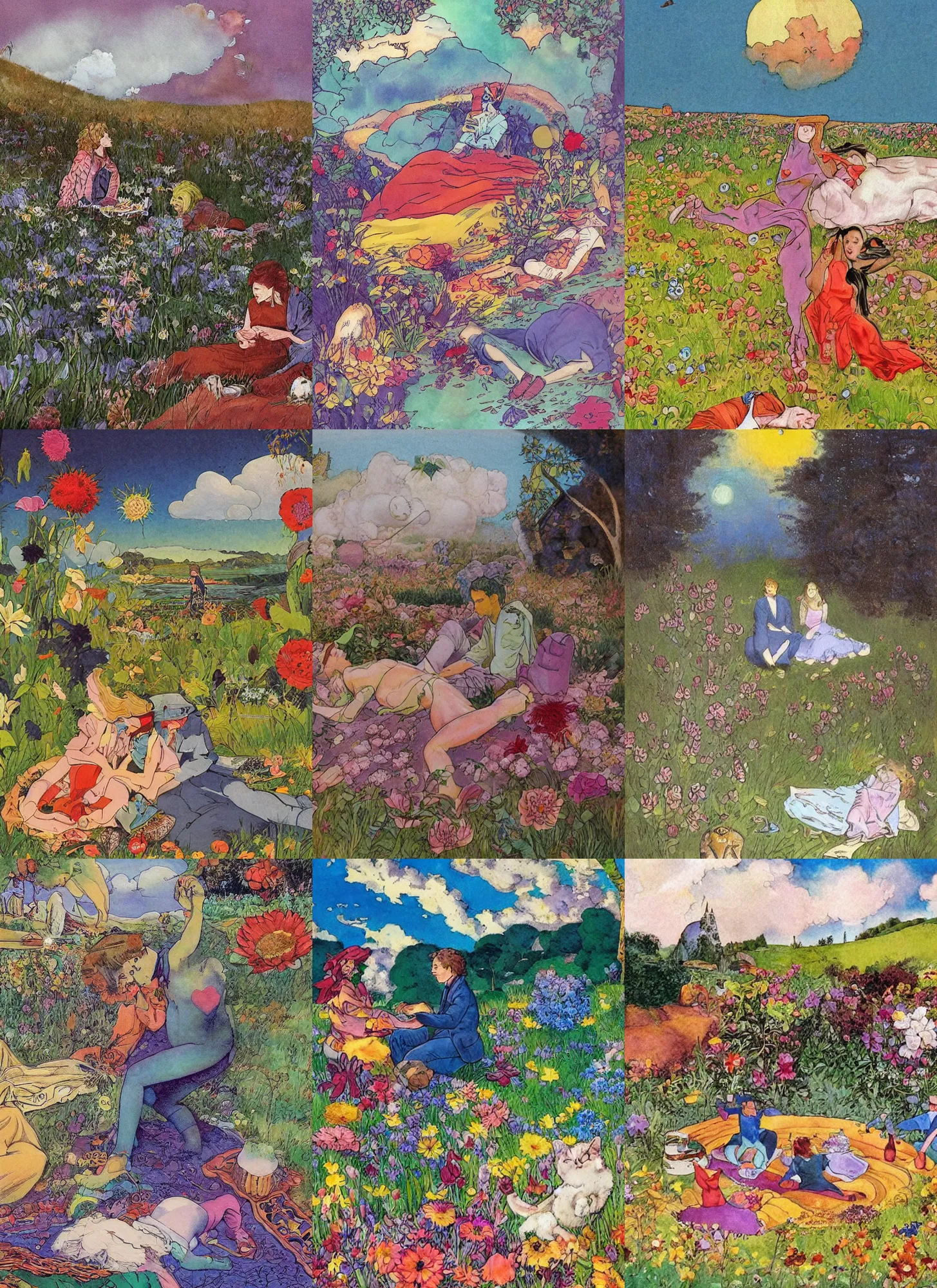 Prompt: late morning picnic scene in nature, a couple in love, fields of colorful flowers, clouds, a sleeping cat, by moebius, by jean henri gaston giraud, by jean gir, in the style of the world of edena by moebius, psychedelic fantasy and surrealism, watercolor with perfect pen outlines